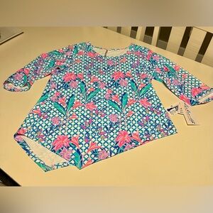 Lulu-B UPF 50 Cooling Fabric 3/4 Sleeve Top Tropical Floral Grid Print Large NWT